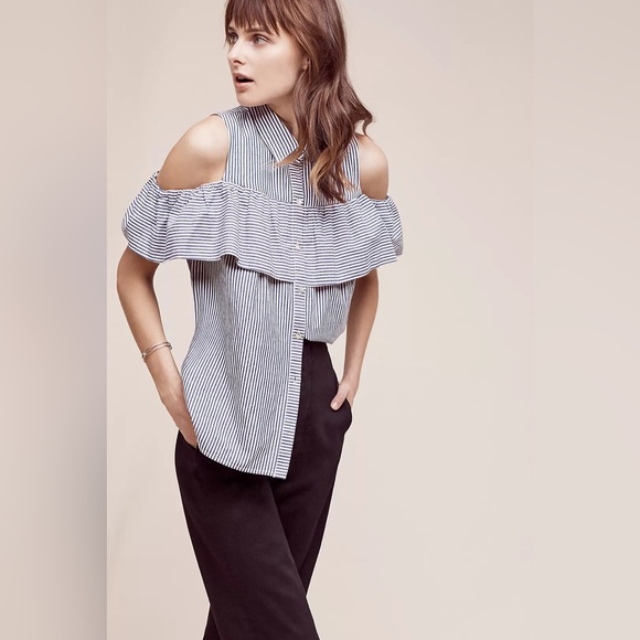 Anthropologie Sunday in Brooklyn Scilla Open Shoulder Top Ruffle Stripes NWT S - Picture 4 of 16